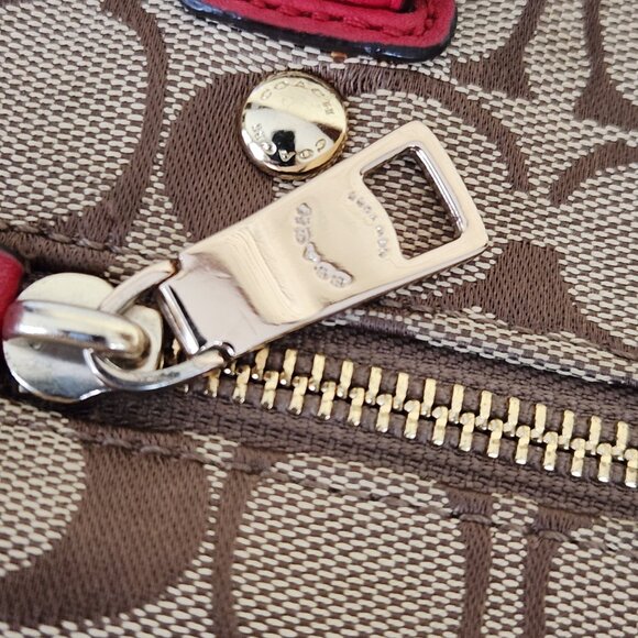 Coach Signature Khaki & Red Leather Medium Handbag Satchel Purse - Picture 11 of 14